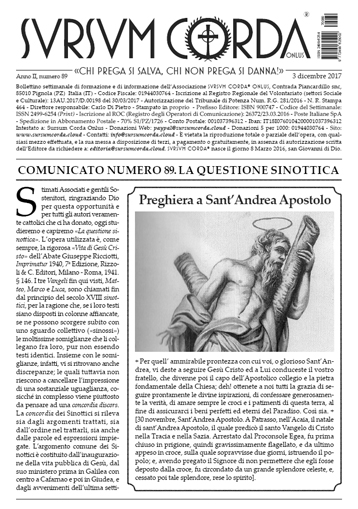 Indice del Numero 89 di Sursum Corda, 3 dicembre 2017