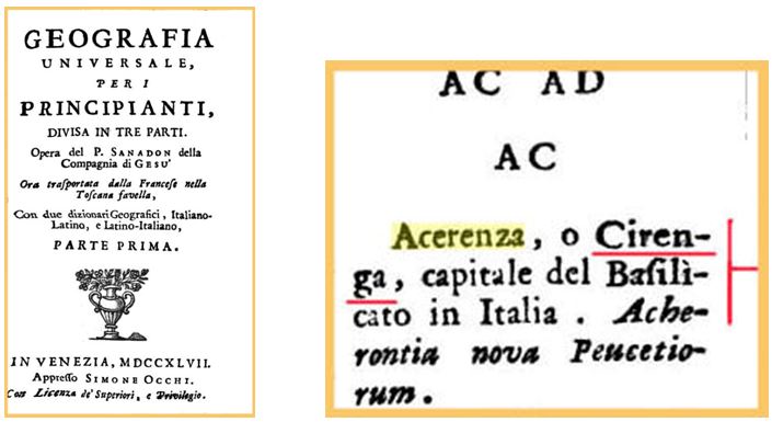 Particolare della  pag.188, dove è evidenziato che Acerenza era chiamata anche CIRENGA