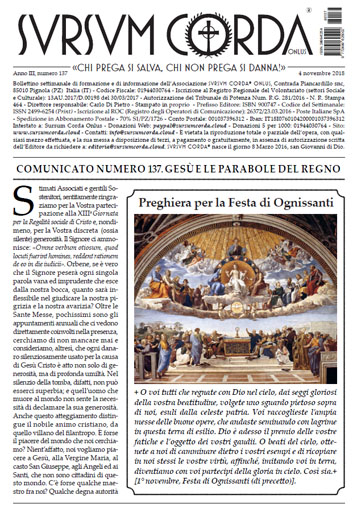 Indice del Numero 137 di Sursum Corda, 4 novembre 2018