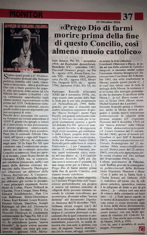 Teologia Politica n° 41. «Prego Dio di farmi morire prima della fine di questo Concilio, così almeno muoio cattolico»